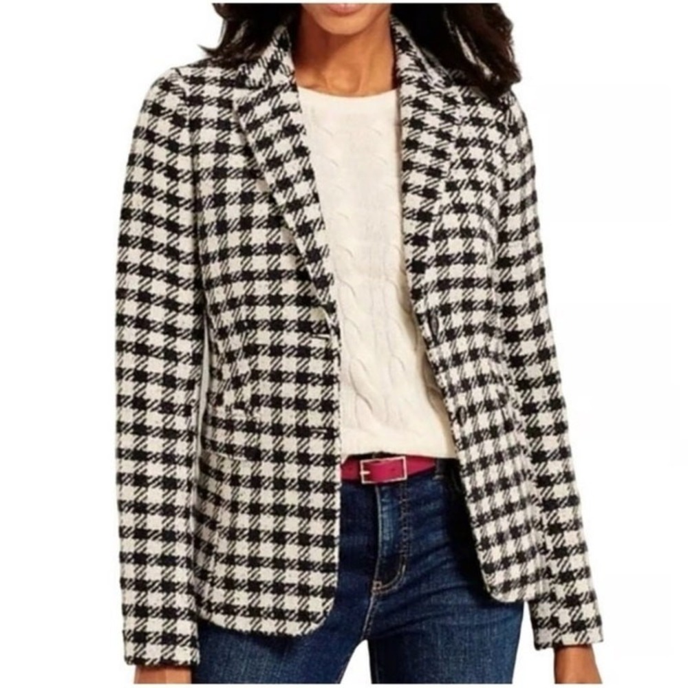 Talbots Blazer Women's 4P Tweed Houndstooth Black White Academic Heritage Petite